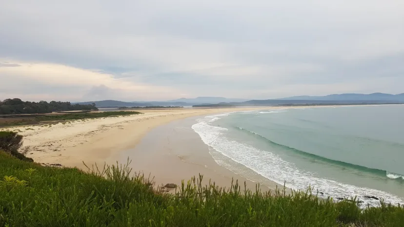 An empty white sand beach curving away from a grassy headland.