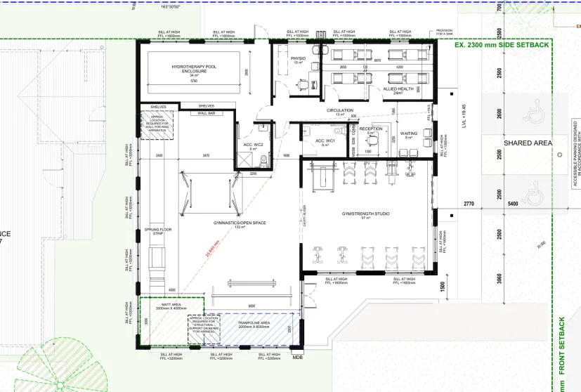 Ground floor plan of the Wellbeing Centre, showing the hydrotherapy pool, gymnastics space, gym, allied health rooms and reception.