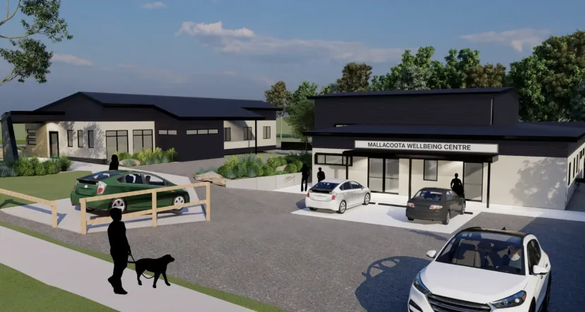 An artist's impression of the Mallacoota Wellbeing Centre from the street, with its sign above the entrance.